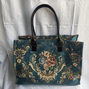 MCW Carpet Bag - Carpet Tote Bag - Laptop Work Tote - Shoulder Bag - Floral Teal